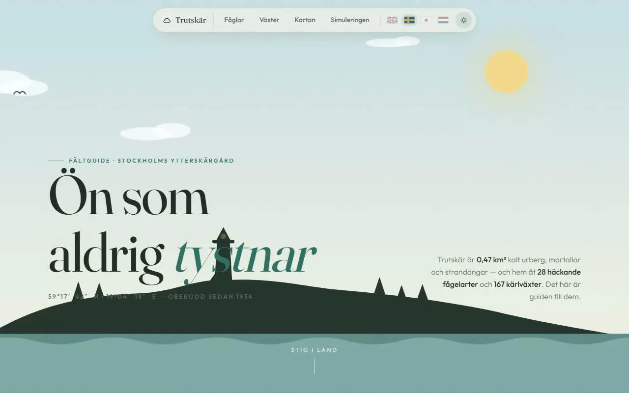 Trutskär's hero section: typographic headline over an illustrated island with a lighthouse