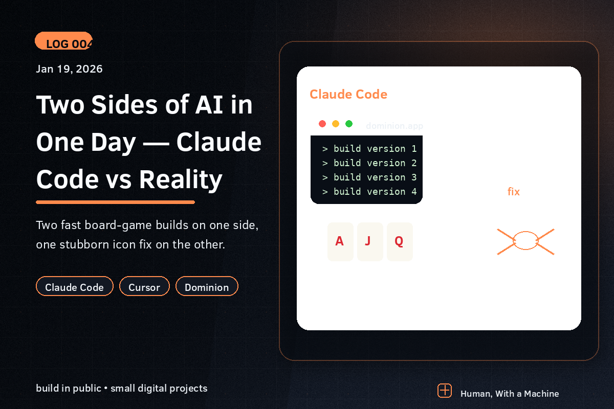 A split-screen AI workflow illustration contrasting fast Claude Code builds with a slow reality bug fix.