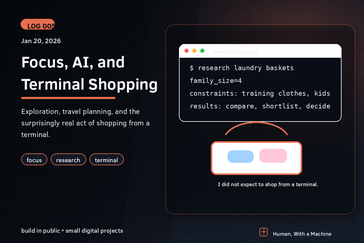 A terminal window researching laundry baskets with a stylized laundry basket below it.