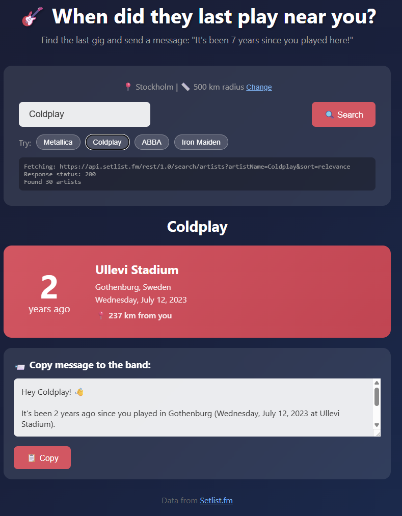 A music discovery app showing a search bar and past concert dates for an artist.