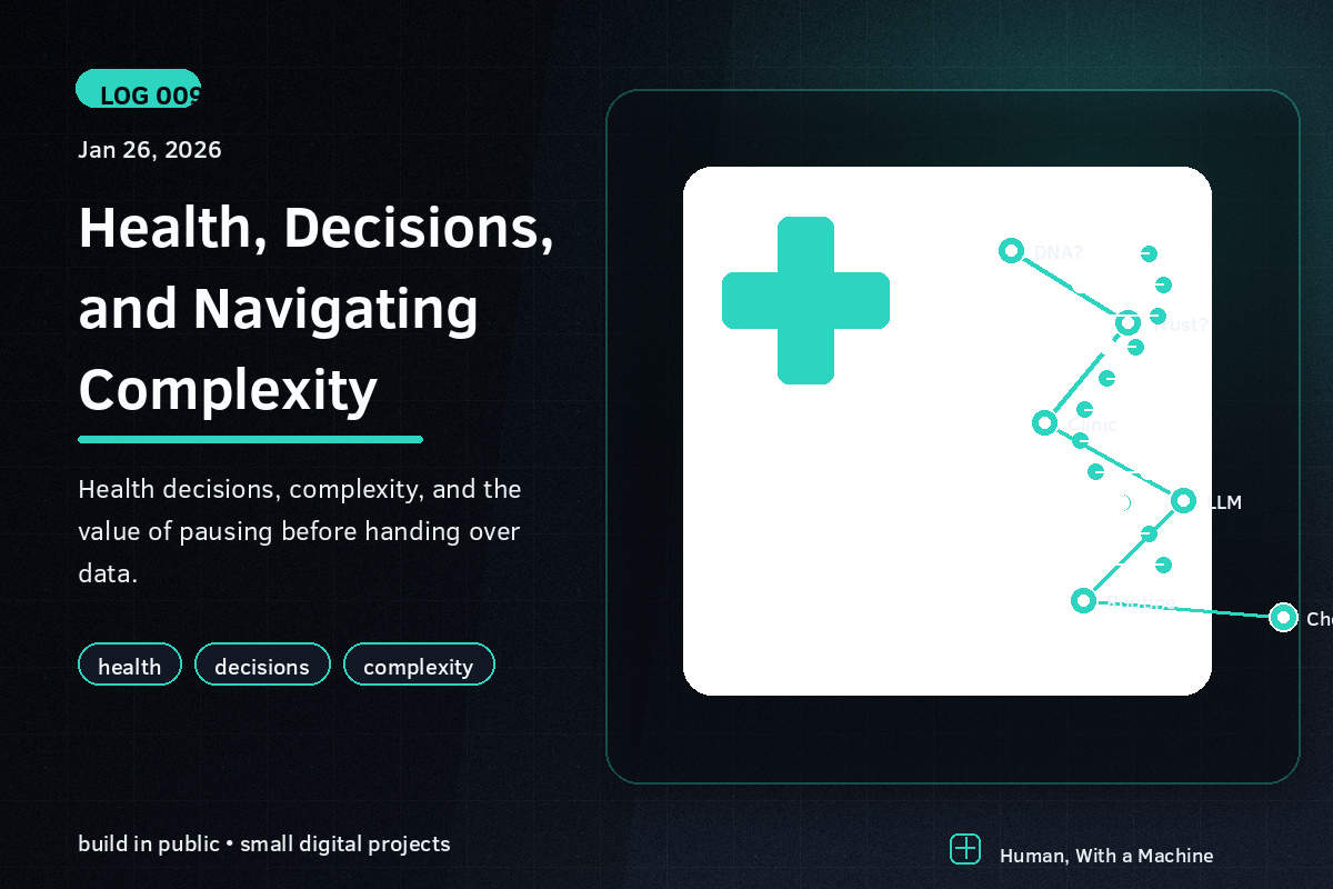 A health decision map with a medical cross, DNA helix, and connected decision nodes.