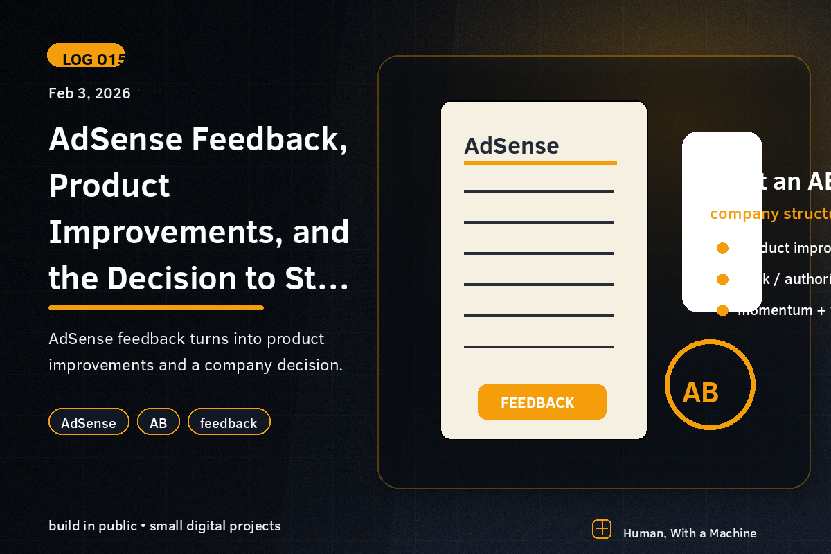 An AdSense feedback document beside a company formation card stamped AB.