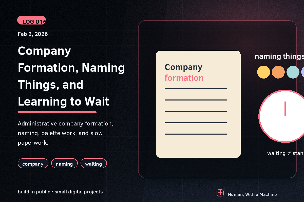 Company paperwork, color palette dots, and a clock showing that waiting is still forward motion.