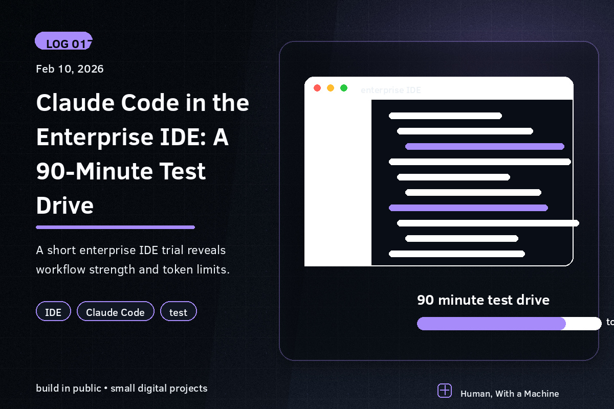 An enterprise IDE window with code lines and a token limit meter from a 90-minute Claude Code test.