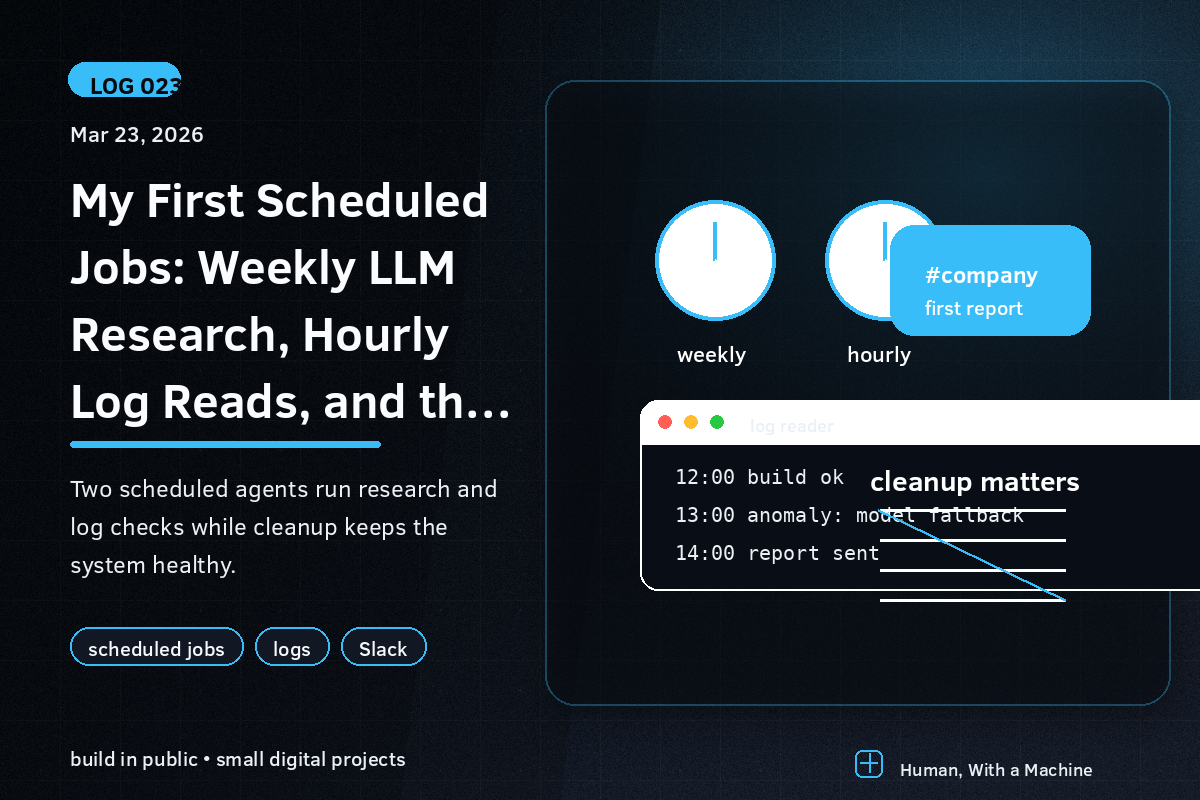 Weekly and hourly clocks beside a log reader terminal and a first Slack report bubble.