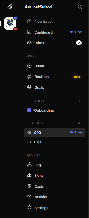 Paperclips dashboard showing CEO and CTO agents organized in a company structure.