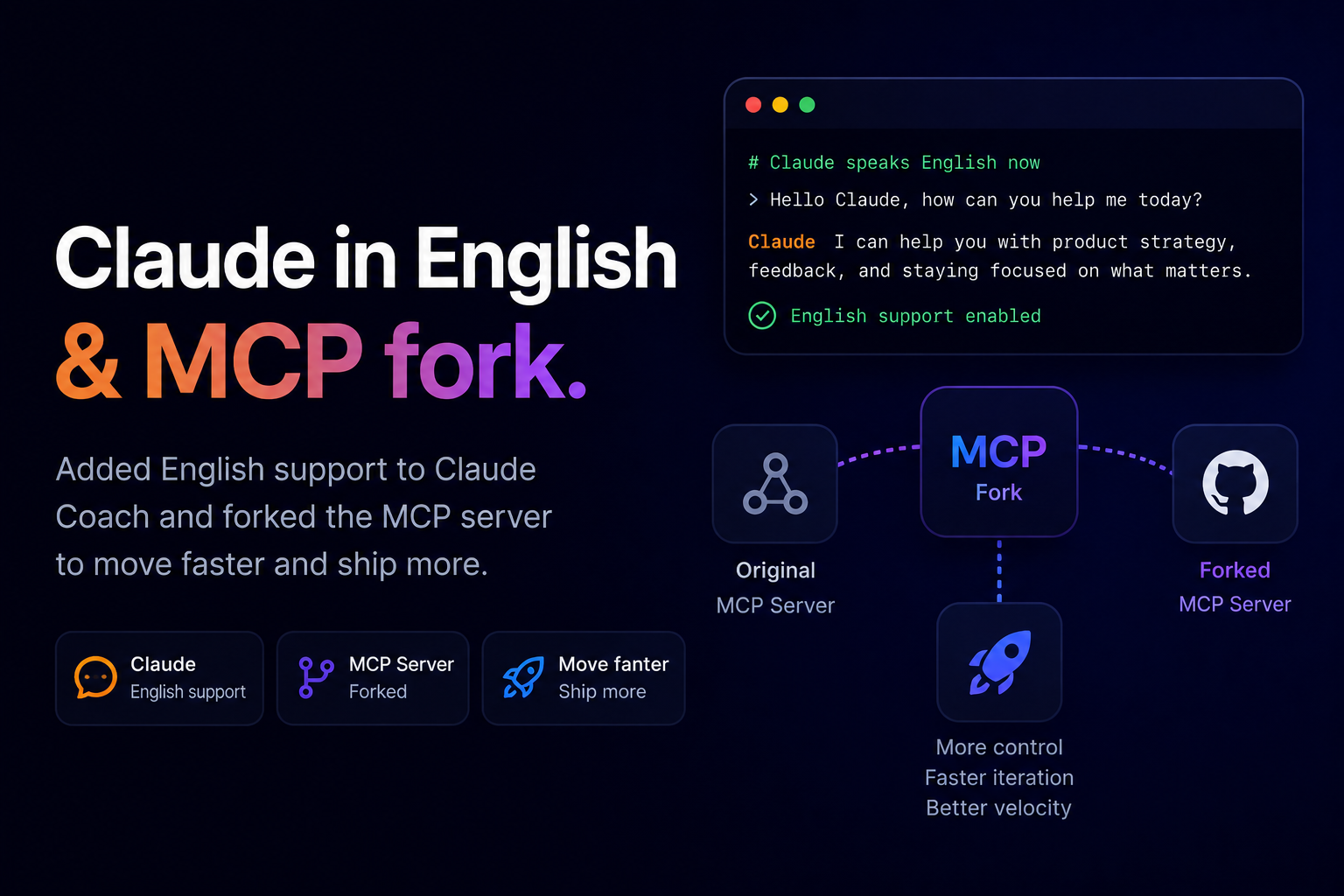 A dark build-in-public card titled "Claude in English & MCP fork" with a Claude chat preview saying "English support enabled", and a diagram showing an Original MCP Server, an MCP Fork, and a Forked MCP Server — captioned "More control, Faster iteration, Better velocity".