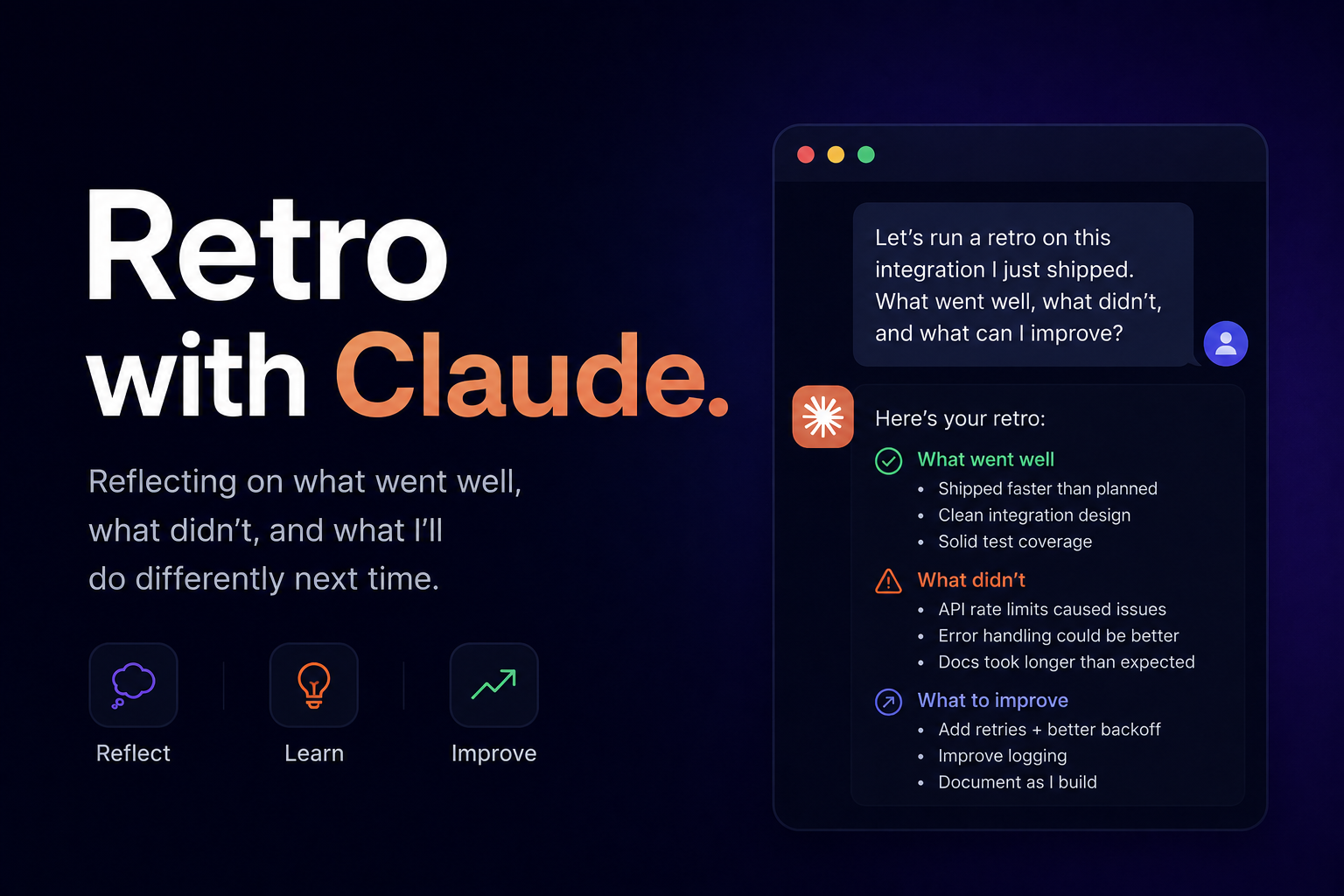 A dark build-in-public card titled "Retro with Claude" with a chat panel where Claude lists what went well, what didn't, and what to try next for the integration just shipped — captioned "Reflect, Learn, Improve".