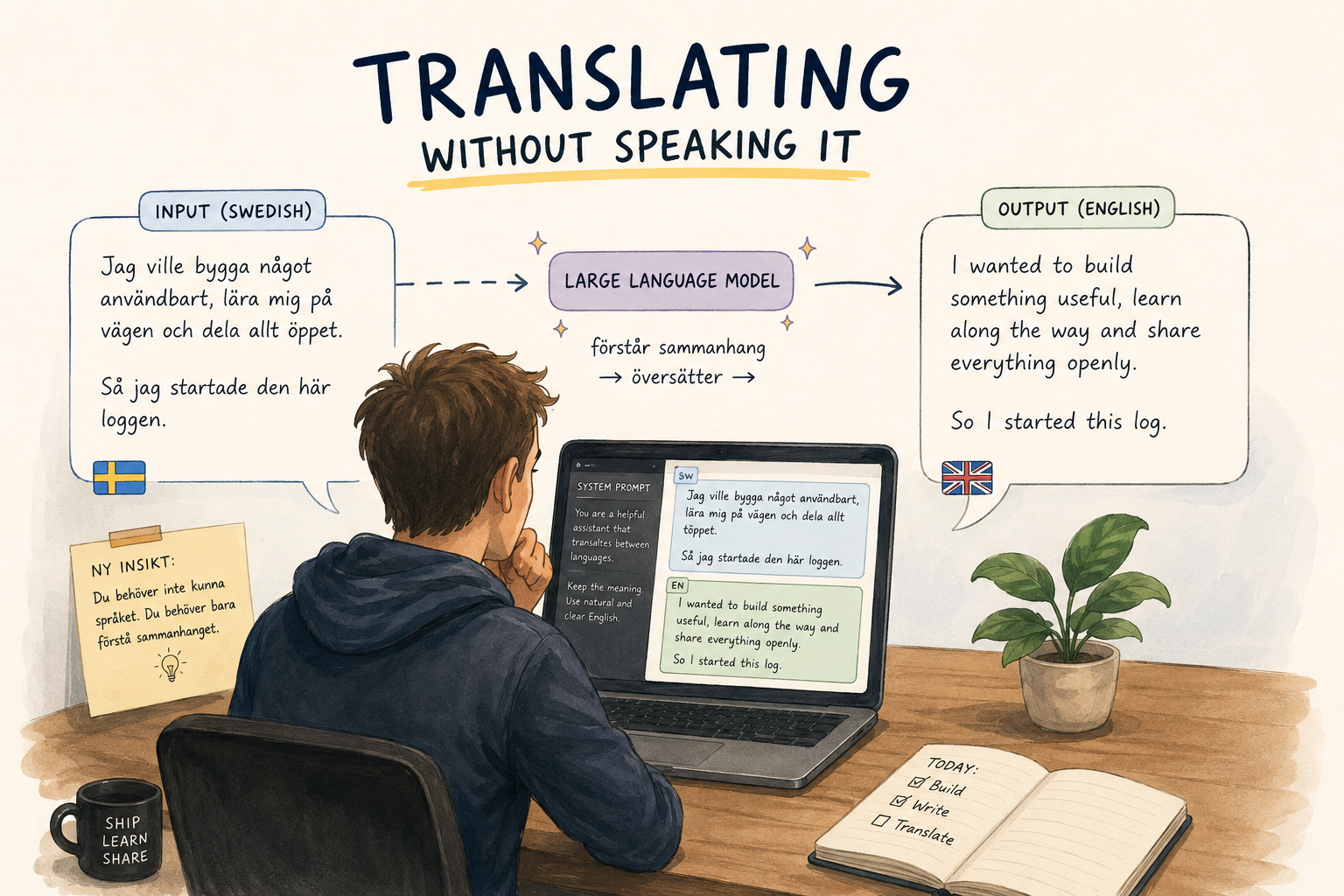 A hand-drawn illustration titled "TRANSLATING WITHOUT SPEAKING IT" showing a person at a laptop with a Swedish-input speech bubble flowing through a Large Language Model node to an English-output speech bubble. A side note reads "Ny insikt: Du behöver inte kunna språket. Du behöver bara förstå sammanhanget." On the desk, a notebook lists TODAY: build, write, translate, next to a SHIP LEARN SHARE mug.