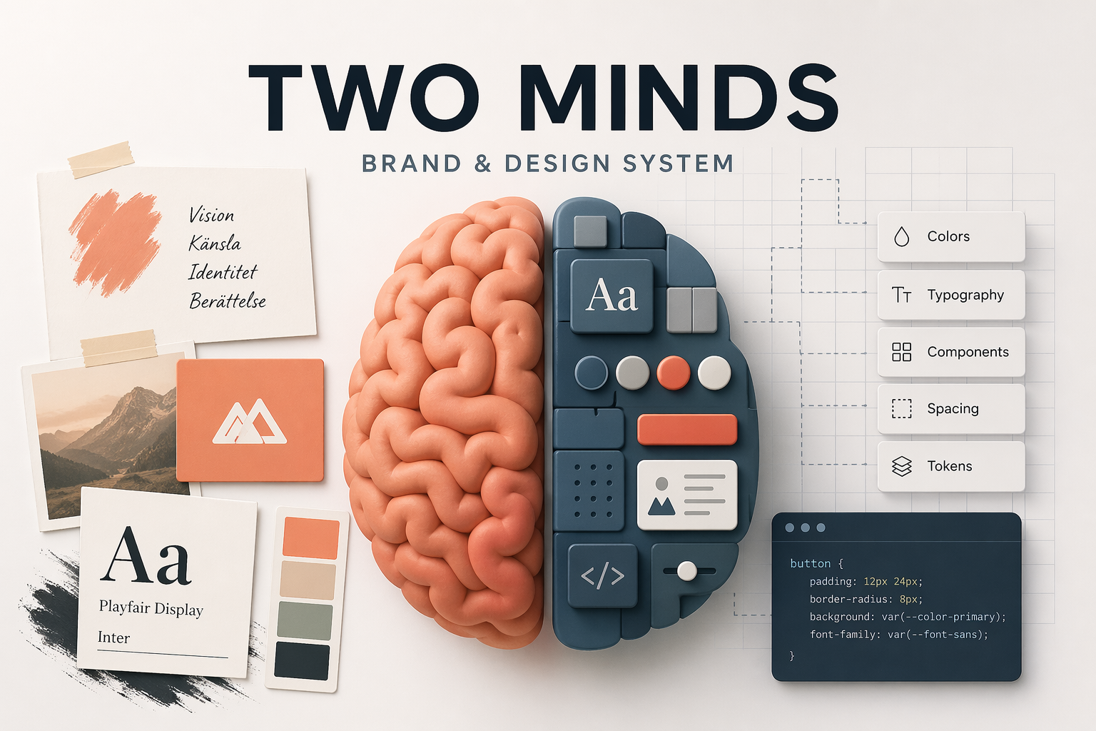 Two Minds brand and design system — moodboard, brain mark, typography samples, color palette, and UI tokens