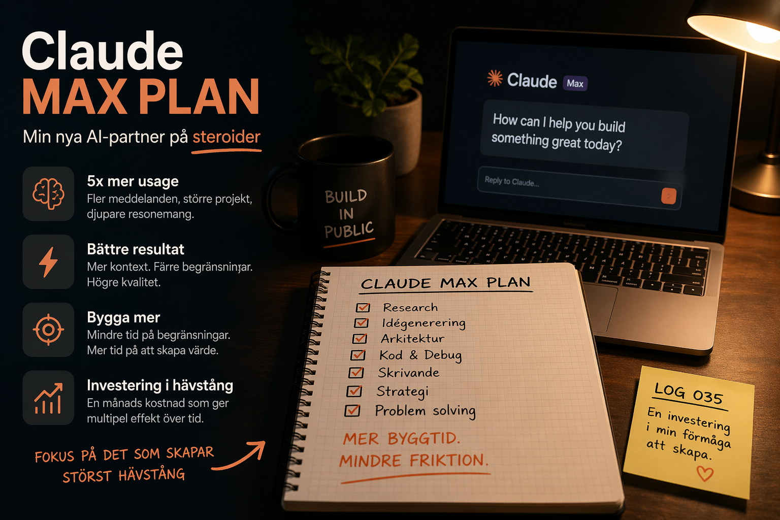 Claude Max Plan — 5x mer usage, bättre resultat, bygga mer, investering i hävstång. Build in public, med anteckningar och laptop.
