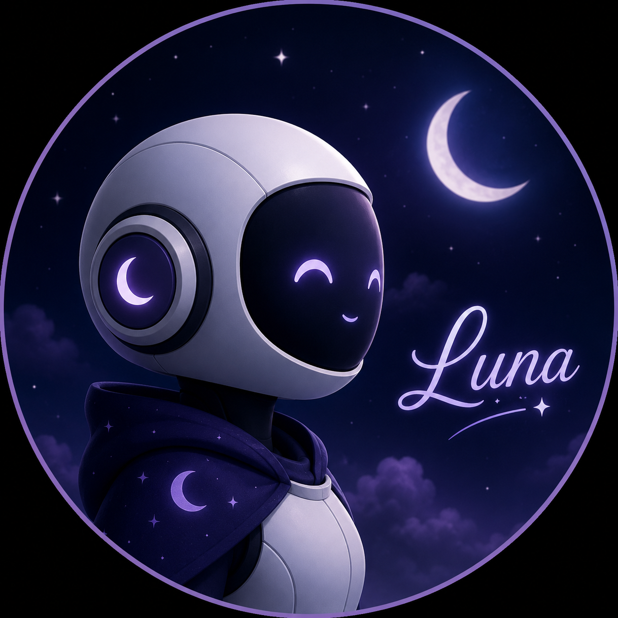 Luna — a small white robot with crescent-moon eyes on a starry purple sky, with the name "Luna" handwritten beside her