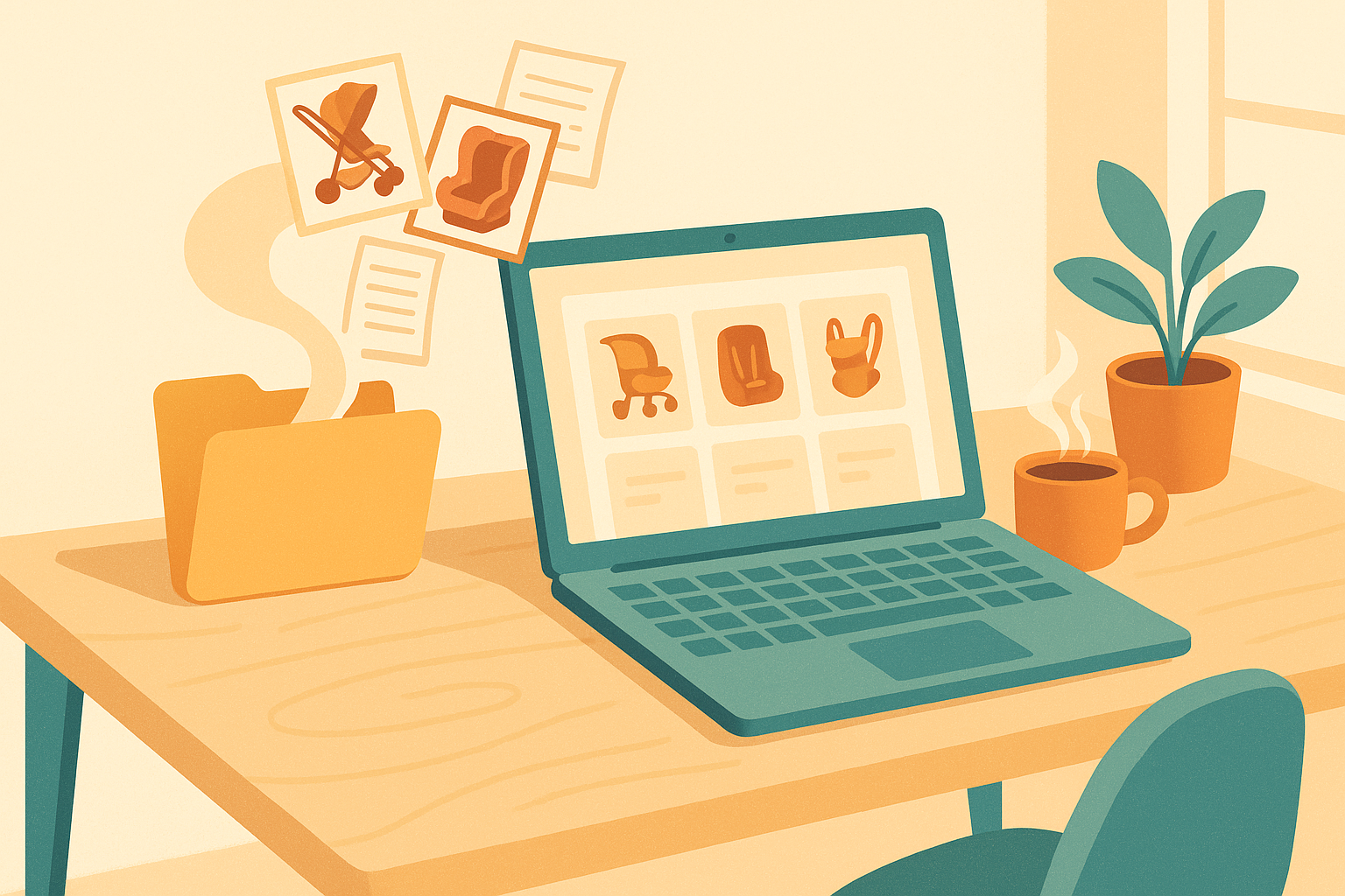 Editorial illustration: a folder of used baby-gear photos and a receipt flowing into a laptop showing a second-hand marketplace grid, a steaming coffee beside it